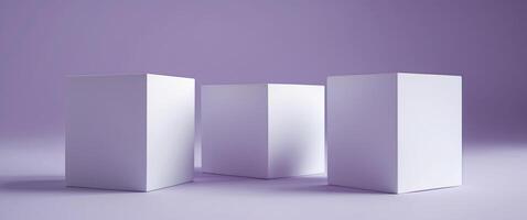 Abstract Presentation. Three White Cubes on a Soft Purple Gradient Background. photo