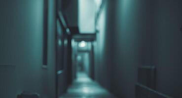 Eerie Hallway. Blurred Vision of a Long, Shadowy Corridor with Dim Lighting. photo