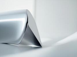Abstract Silver Chrome Object on White Surface, Minimalist Aesthetic, Studio Shot. photo