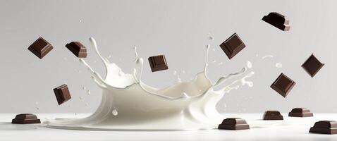 Chocolate Pieces Falling into Milk Splash Creating a Delicious and Sweet Scene. photo