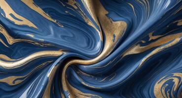 Swirling Blue and Gold Abstract Art, Elegant Liquid Marble Texture with Metallic Veins photo