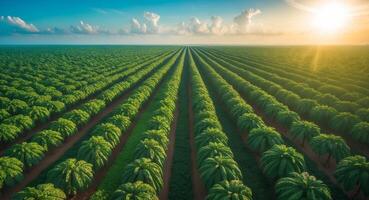 Endless Rows of Green Crops Under a Bright Sky, Agriculture Field at Sunset. photo