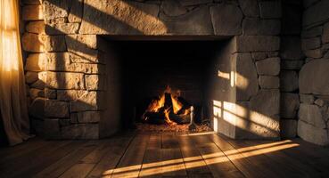 Cozy Stone Fireplace with Burning Logs and Golden Light Streaming Through Window. photo