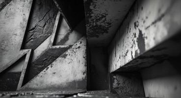 Abstract Monochrome. Fractured Concrete Stairwell with Angular Shadows and Texture. photo