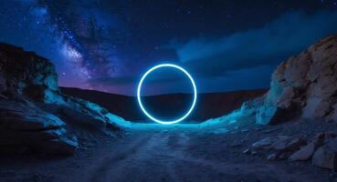 A blue circle is lit up in the middle of a desert photo