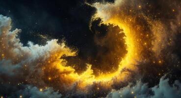 Golden Nebula Formation, Abstract Cosmic Cloud with Glowing Particle Emission. photo
