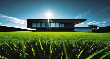 Modern house with grass and sun in the background photo