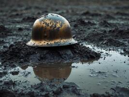 A helmet sits in the mud on a muddy field photo