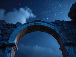 Ancient Stone Archway Framing the Night Sky, Clouds, and Stars, a Journey Through Time. photo
