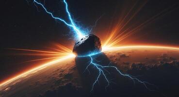 Asteroid Impact. A Cataclysmic Event of Lightning and Cosmic Energy, a Visual Spectacle photo