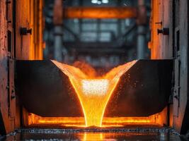 Molten Metal Stream. Industrial Foundry Process, Intense Heat and Manufacturing. photo