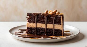 Delicious Chocolate Cake Slice with Hazelnut Topping and Chocolate Sauce Drizzle. photo