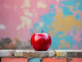 A shiny red apple resting on a vibrant, colorful brick wall, with a mottled background. photo