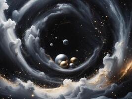 Celestial Orbit. Silver and Gold Spheres in a Nebula of Stardust and Clouds. photo