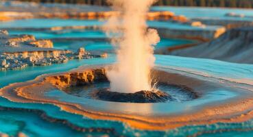 A Captivating View of a Geyser Erupting in a Vivid, Colorful Landscape. photo