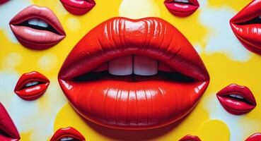 Vivid Lips Art. An array of Luscious Lips Against a Bright Yellow Backdrop photo