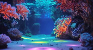 Vibrant Coral Reef Ecosystem, Underwater Scene with Colorful Illumination photo