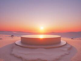A white circular table in the middle of a desert photo