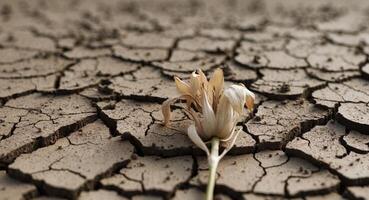 A single flower is sitting on the cracked ground photo