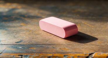 A pink soap bar sitting on a wooden table photo