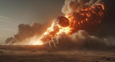 An explosion is seen in the sky above a desert photo