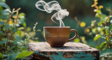 A cup of tea is steaming on a wooden table photo