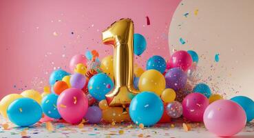 One year birthday party balloons and confetti on pink background 3d rendering photo