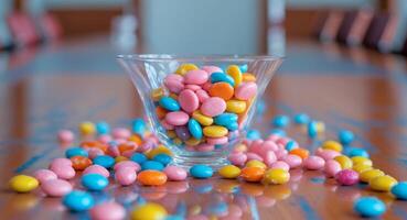 A glass filled with colorful candy on a table photo