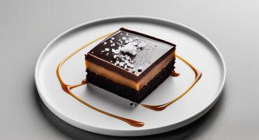 A piece of chocolate cake on a plate with caramel sauce photo