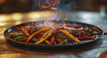 A pan with a grill with meat and peppers photo