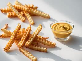 A waffle fries and mustard dip on a white surface photo