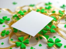 St patricks day card with shamrock leaves and ribbon 3d illustration photo