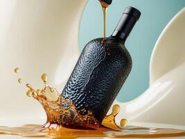 A bottle of wine being poured into a liquid photo