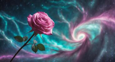 A rose in front of a spiral galaxy photo