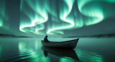 A man in a boat is sitting in front of the aurora lights photo