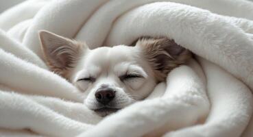 A small white dog is sleeping under a blanket photo