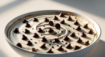 A bowl of chocolate chips and cream in the sun photo