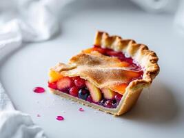 A slice of fruit pie on a white table photo