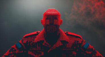 A pixelated soldier with red eyes photo