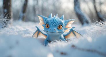 Cute Baby Ice Dragon in a Snowy Forest, with a Gentle and Playful Expression. photo