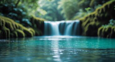 Serene Waterfall Scene with Turquoise Water and Lush MossCovered Rocks, Natures Beauty. photo