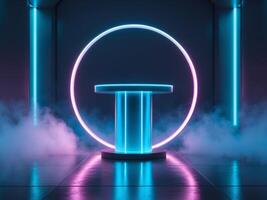 NeonLit Platform with Circle Frame and Atmospheric Smoke, Modern Presentation photo