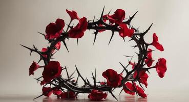 Crown of Thorns with Red Flowers. A Symbolic Representation of Suffering and Hope. photo