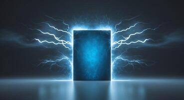 Abstract Blue Energy Portal or Gate with Lightning Strikes and Reflective Surface. photo
