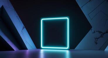 Neon Square Portal in Futuristic Abstract Space, Glowing Frame and Concrete Walls. photo