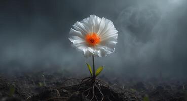 A single white flower with roots growing out of it photo