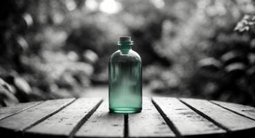 Emerald Bottle on Rustic Table, Peaceful Nature Backdrop, Monochrome Serenity. photo