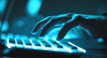 Hand on Illuminated Keyboard. Coding, Gaming, or Cyber Security Concept. photo