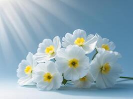 White flowers on a blue background with sun rays photo