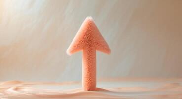 Fuzzy Peach Arrow Pointing Upwards, Creative Directional Sign on Creamy Surface. photo